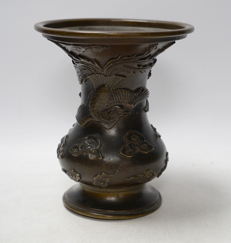 A 19th century Chinese cast bronze ‘phoenix’ vase, seal mark to the base, 17cm high. Condition - poor